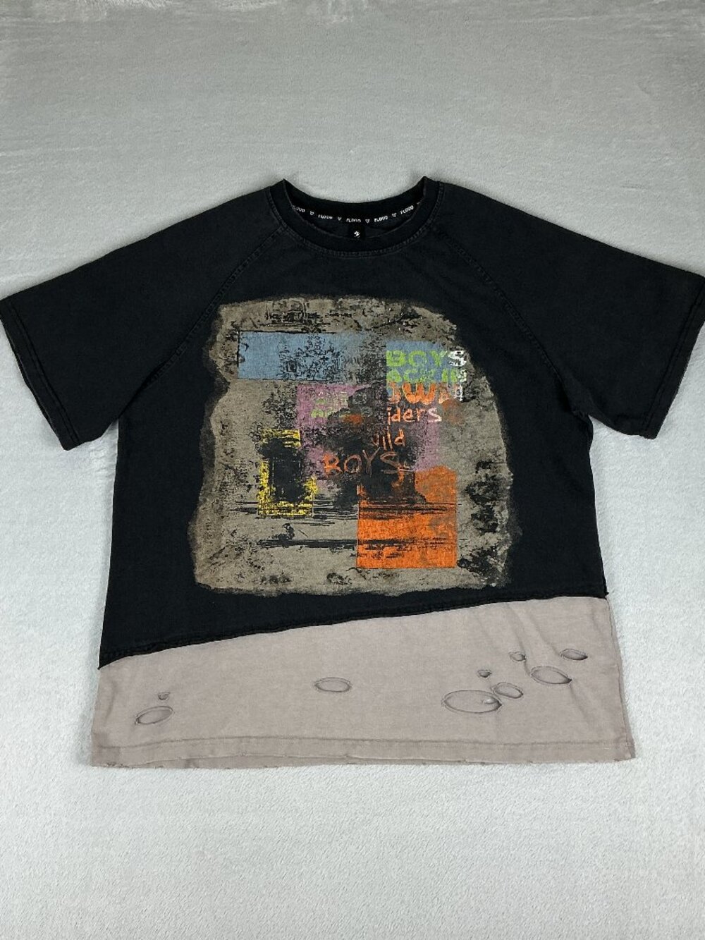 FLOOO Women's Black Graph T-Shirt Dress Oversized Streetwear Distressed Size M.